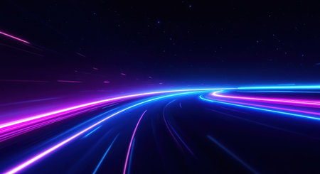 3d render, abstract background, purple and blue neon lines on a dark backgroundの素材