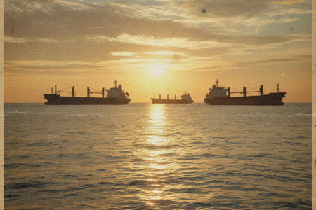 Cargo ships in the sea at sunset. Vintage style picture.の素材