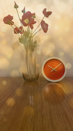 Clock and bouquet of red poppies on wooden table.