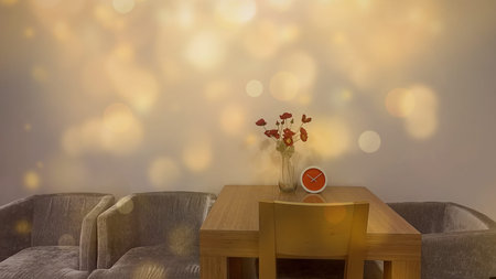 Coffee table with red rose in vase. 3d rendering