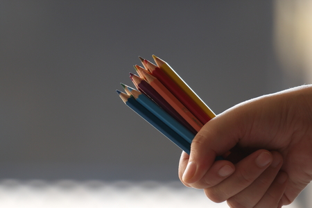 Colored pencils set in handの写真素材
