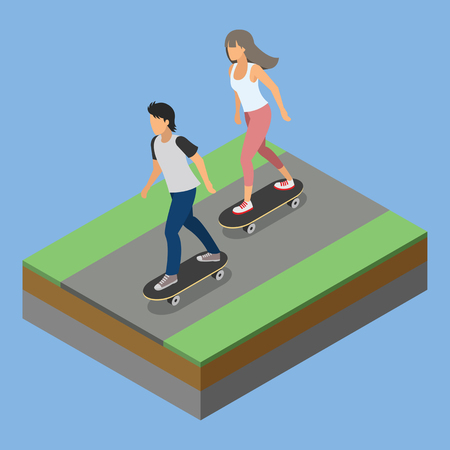 isometric park activity playing skateboardのイラスト素材