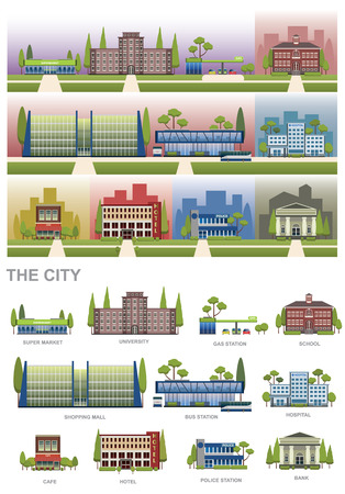 THE CITY  elements with SUPERMARKET, UNIVERSITY, GAS STATION , SCHOOL, SHOPPING MALL, BUS STATION , BUS STATION , HOSPITAL, CAFE, HOTEL, POLICE STATION and BANK vector designのイラスト素材