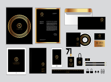 gold and black corporate identity template for your business includes CD Cover, Business Card, folder, ruler, Envelope and Letter Head Designs set 2のイラスト素材