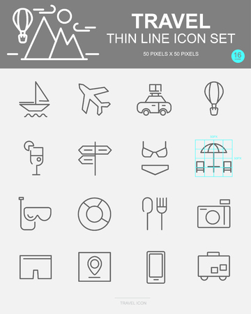 Set of Travel Vector Line Icons. Includes beach, restaurant, passport, luggage and more. 50 x 50 Pixel.のイラスト素材