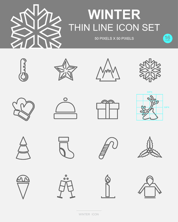 Set of Winter Vector Line Icons. Includes snowflake, gift, champagne, deer and more. 50 x 50 Pixel.のイラスト素材