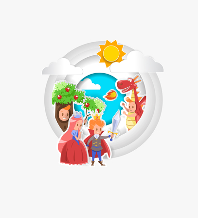 kids king and queen characters design with dragon paper cut styleのイラスト素材