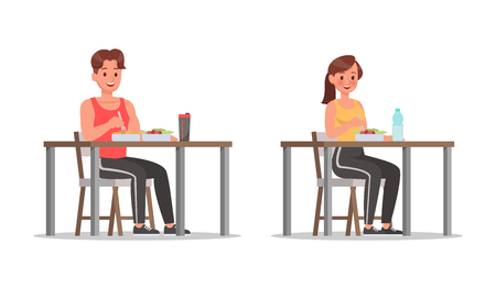 Fitness man and woman doing exercise character vector design. Healthy lifestyleのイラスト素材