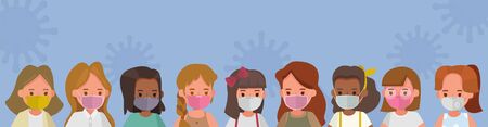 Group of childrens wear medical mask, virus and pollution protection concept character vector designのイラスト素材