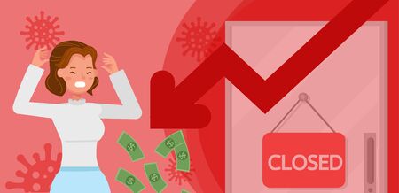 The impact of coronavirus on the stock exchange and the global economy. Business woman character vector design.のイラスト素材