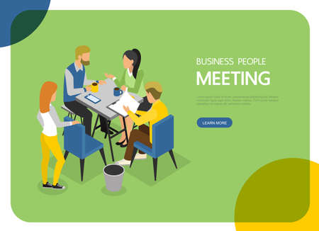 Isometric business people meeting for landing page, web banner, infographics and background template. Character vector design.のイラスト素材