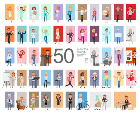 Fifty business people working character vector design. Presentation in various action with emotions, running, standing and walking.のイラスト素材