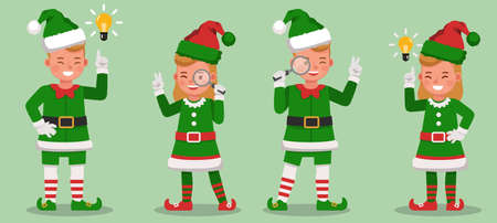 Set of kids wearing christmas elf costumes character vector design. Presentation in various action ...