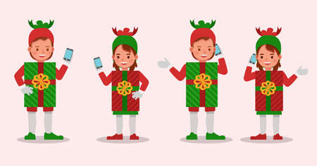 Set of kids boy and girl wearing christmas gift box costumes character vector design. Presentation in various action with emotions. no3のイラスト素材