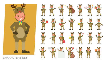 Set of kids boy wearing Christmas reindeer costumes character vector design. Presentation in various action with emotions.のイラスト素材