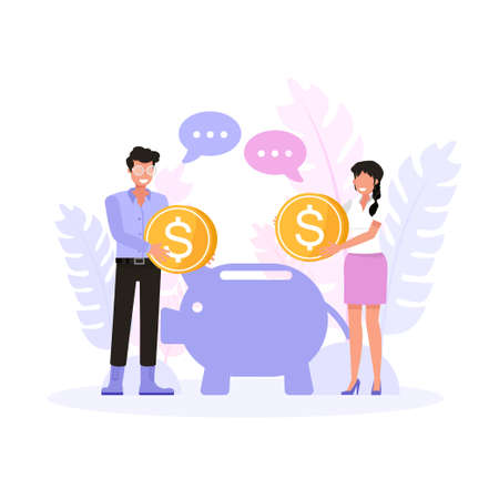 Happy man and woman saving money for the future. Character vector design.のイラスト素材