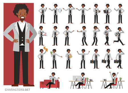 Set of businessman character vector design. Presentation in various action with emotions, running, standing and walking. People working in office planning, thinking and economic analysis.のイラスト素材
