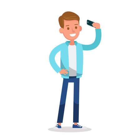 Boy wear blue jacket and playing mobile phone character vector design. no3のイラスト素材