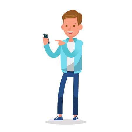 Boy wear blue jacket and playing mobile phone character vector design.のイラスト素材