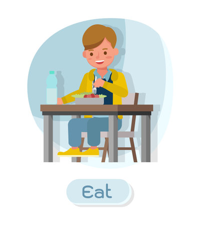 Children character vector design. Presentation in various action with emotions and eat.のイラスト素材
