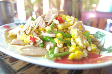 corn and pork sausage saladの写真素材