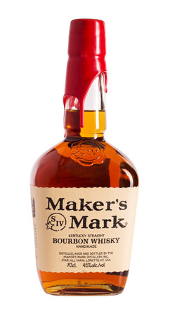 ORYOL, RUSSIA - SEPTEMBER 24, 2016: A bottle of Maker's Mark Whiskey. Small-batch bourbon whiskey that is distilled in Kentucky. It is sold in squarish bottles, which are sealed with red wax.のeditorial素材