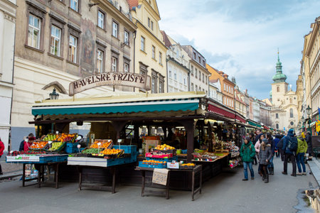 Prague, Czech Republic - March 29, 2018: Popular market in the center of Prague. Havel Market (Havelske Trziste). Market has been continuously open since 1232. Prague, Czech Republic.のeditorial素材
