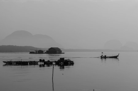The rural lifestyle, fisherman, black and white, Phang Nga, Thailandの写真素材