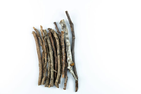 Pile of dry twigs on white backgroundの写真素材