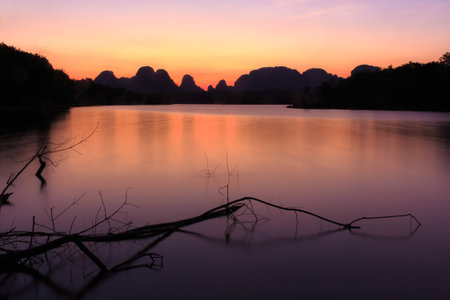 Beautiful nature at sunrise time, Nong Thale Lagoon in Krabi, Thailand.の写真素材