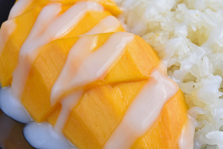 Mango sticky rice topped with coconut milkの写真素材