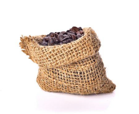Sack of coffee beans isolated white backgroundの写真素材