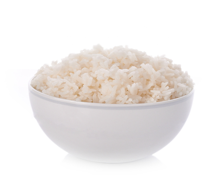 Rice in a bowl on a white backgroundの写真素材