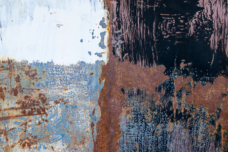 Corroded white metal background. Rusted white painted metal wall.