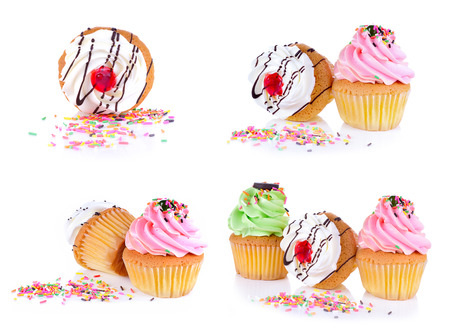 white and pink cupcake and Lots of Colorful Sprinkles on White Backgroundの写真素材