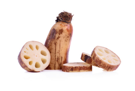 fresh lotus root isolated on white backgroundの写真素材