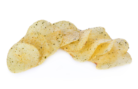 crispy potato chips isolated on white backgroundの写真素材