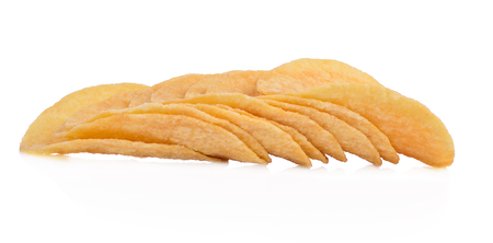 crispy potato chips isolated on white backgroundの写真素材