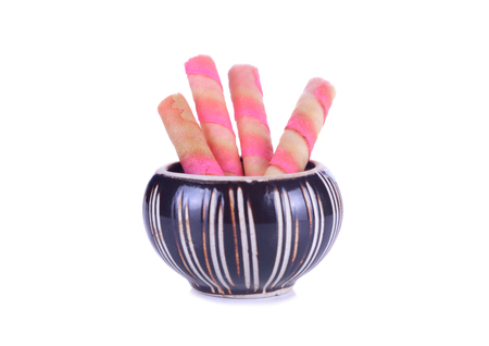 Strawberry wafer pink in pot on on white background.の写真素材