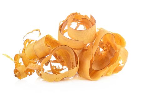 wood shavings isolated on white backgroundの写真素材