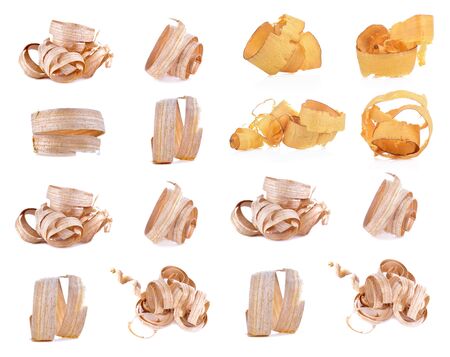 wood shavings set isolated on white backgroundの写真素材