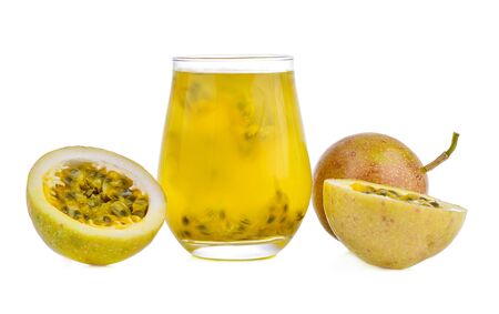 Passion fruit and passion fruit juice isolated on white background.の写真素材