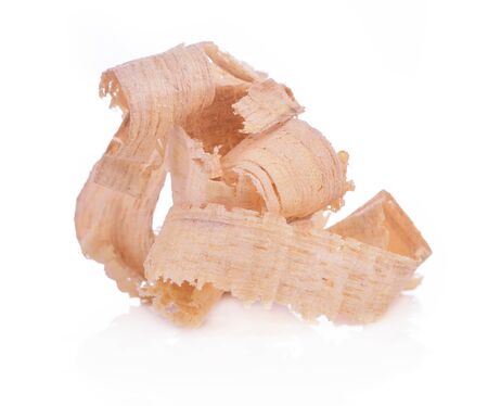 wood shavings isolated on white backgroundの写真素材