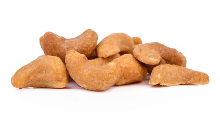 Roasted cashew nuts on white backgroundの写真素材