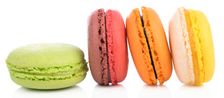 Sweet and colourful french macaroons on white background, Dessert.の写真素材