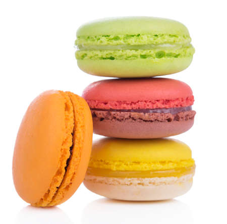 Sweet and colourful french macaroons on white background, Dessert.の写真素材