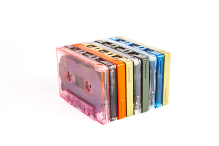 Old cassette tapes on white backgroundの写真素材