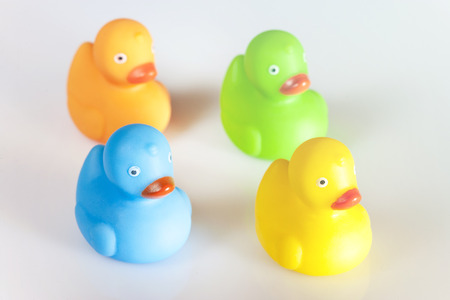 Rubber ducks on a white background. Selective focus imageの写真素材