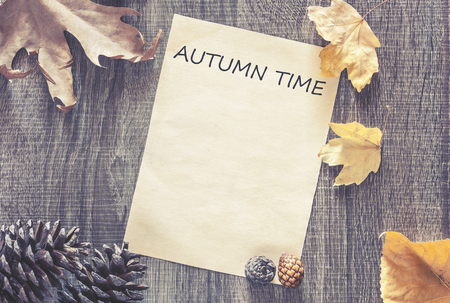 Autumn quote on a wooden backgroundの写真素材