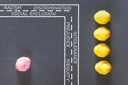 Racism, discrimination and social exclusion concept with color rubber ducks